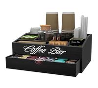 Suli Organizado Coffee Station, soporte extragrande de madera para cápsulas para encimera con cajón, almacenamiento para especias, siropes, tazas de té (2 niveles, 11 compartimentos) - Negro