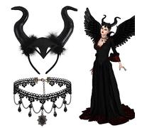 SULOLI Diadema de cuernos negros, diademas de Halloween para mujer, cuernos de maléfica, accesorios de bruja para mujer, diadema de bruja para adultos con collar
