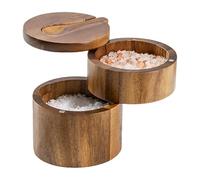 Sulxyi Wooden Salt Box, Wood Salt Cellar Bowl Box, Round Salt Bowl, Kitchen Spices Holder, Salt Container, Elegant Wooden Design Double Layer Construction With Built-in Spoon or Favorite Seasonings