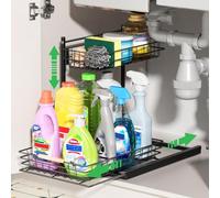 SUMAITech Organizador Bajo Fregadero de Metal, 2 Niveles Estanteria Bajo Fregadero con Altura Ajustable, Organizador Cocina Extraible, Estante de Almacenamiento Cocina, Negro
