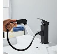 Sumeber Grifo de baño con grifo extraíble negro para lavabo alto con 2 tipos de chorro, grifo de acero inoxidable, para cuarto de baño, negro mate, cuadrado negro