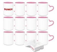 Sumex Juego de 12 tazas de café de cerámica en blanco de sublimación de 325 ml con mango de corazón para té, leche, latte, cacao caliente, interior rosa y asa