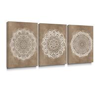 SUMGAR Cuadros Decoración Dormitorios y Salón, Láminas Decorativas Pared Mandala Boho 3 Piezas, Lienzos Decorativos en Bastidor Marrón Café y Blanco para Baño Cabecero de Cama, 30 x 40 cm