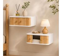SUMGAR Mesita de Noche Flotantes Pack 2 de bambú | Mesilla de Noche Cajonera con 2 Puertas correderas | Nochero para Dormitorio en Blanco para Dormitorio, salón, decoración Boho 38x30x15cm Blanco