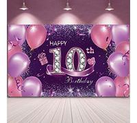 Sumind Decoraciones de Fiesta de Happy Birthday, Bandera Cartel Grande Rosa Púrpura de Tela de Happy 10th Anniversary Birthday Telón de Fondo de Cabina de Fotos con Cuerda, 72,8 x 43,3 Pulgadas