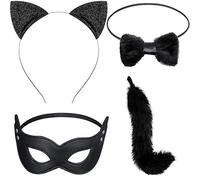 Sumind Set de 4 Trajes de Gato, Set de Disfraz de Cola de Gato de Piel Larga Set de Disfraz de Halloween, Diadema Orejas de Gato Cola de Gato, Lazo de Gato, Máscara de Arlequín para San Valentín