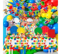 Suministro de Fiesta de Bloques de Construcción-144 Piezas Kit Cumpleaños Vajilla de Bloques de Construcción Platos de Bloques de Construcción Mantel Servilletas Pancarta Globos etc
