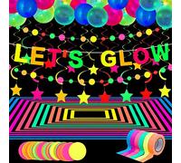 Suministros Brillantes de Neón de Fiesta, 98,4 Ft 6 Rollos Cintas de Luz Ultravioleta UV, 28,9 Ft 2 Guirnaldas de Papel Neón, Bandera de LET'S GLOW 10 Remolinos, 25 Globos Fluorescentes