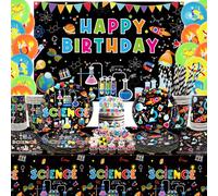 Suministros científicos para fiestas de cumpleaños, pancartas de feliz cumpleaños, platos, manteles, vasos, globos y pajitas para decorar un pequeño laboratorio científico para 20 invitados (backdrop)