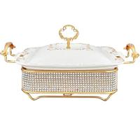 Suministros de catering, juego de bufé de cerámica for calentar platos, tamaño completo y juego de calentador de bufé con decoración de diamantes, adecuado for bufés, catering(Gold B,2.8L)