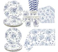 Suministros de cumpleaños florales azules, incluyendo platos, vasos, servilletas, mantel, pajitas, para cumpleaños, boda, decoración de fiesta, sirve 20