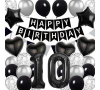 Suministros de decoración para fiesta de cumpleaños número 10, kit de globos negros, paquete de 34 con globos de aluminio de estrella y corazón del número 10, globos de confeti de látex para niños