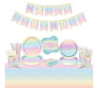Suministros de fiesta de cumpleaños de arcoíris pastel, incluye pancarta de feliz cumpleaños, mantel arcoíris, platos, servilletas, tazas, cuchillos, tenedor, cucharas y pajitas para decoraciones de