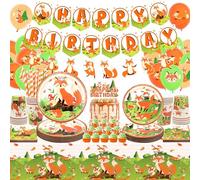 Suministros de fiesta de cumpleaños de zorro, incluye pancartas, platos, adornos para cupcakes, servilletas, tazas, manteles, para niñas y niños, decoración de fiesta de cumpleaños
