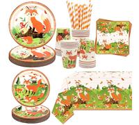 Suministros de fiesta de cumpleaños de zorro, incluye platos, servilletas, vasos, pajitas, manteles, para decoración de fiesta de cumpleaños de baby shower con temática de zorro