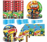 Suministros de fiesta de Super City Heroes, incluye mantel, platos, servilletas y vajilla para niños, baby shower, héroe, ciudad, suministros para fiesta de cumpleaños