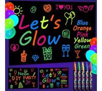Suministros de fiesta que brillan en la oscuridad: el juego de fondo de fotografía Let's Glow incluye 2 papeles de graffiti negros y 5 bolígrafos de colores fluorescentes para decoraciones de fiesta
