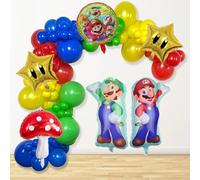 Suministros para fiesta de cumpleaños de Mario, kit de guirnalda de arco de globos de 133 piezas, globos de látex y papel de aluminio surtidos para decoraciones de fiesta de cumpleaños de Mario