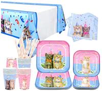 Suministros para fiestas de gatos - Vajilla de fiesta de gato - Platos de cena, platos de postre, tazas, servilletas, mantel para decoración de cumpleaños de gatitos, suministros de baby shower, sirve