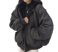 Sumleno Chaqueta Sherpa para mujeres, adolescentes y niñas, reversible, con cremallera Y2K, sudadera con capucha de forro polar grunge, abrigo de invierno, ropa coreana Cutecore, Negro, M