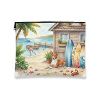 Summer Basenji - Bolsa de maquillaje de playa para perro, bolsa de viaje de 7 x 9 pulgadas, bolsa de cosméticos para mujer, organizador de lona portátil tropical con cremallera