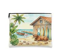Summer Beach - Bolsa de maquillaje de vaca de las Tierras Altas de 7 x 9 pulgadas para bolsa de viaje, bolsa de cosméticos para mujer, organizador portátil de lona con cremallera