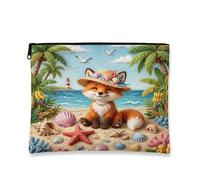 Summer Beach Fox - Bolsa de maquillaje de 7 x 9 pulgadas para bolsa de viaje, bolsa de cosméticos costera de playa tropical para mujeres, divertido animal portátil, organizador de lona con cremallera