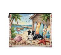 Summer Border Collie - Bolsa de maquillaje de playa para perro, bolsa de viaje de 7 x 9 pulgadas, bolsa de cosméticos para mujer, organizador de lona portátil tropical con cremallera