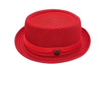 Summer Breathable Mesh Pork Pie Hat,Outdoor Roll-Brim Mesh Porkpie Hat for Men,Straw Fedora Short Brim Travel Beach Sun Cap (Red)