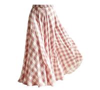 Summer Casual Women Boho Plaid Midi Skirt Elastic High Waist A-Line Loose Fit Gingham a Line Flowy Long Skirt (Pink,M)