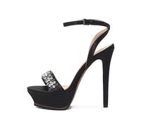 Summer Champagne Silk Platform Crystal Banquet Shoes Round Toe Super High Heel Sexy Word-Cingulate Sandals(Black 25 * 27 * 13CM,38)
