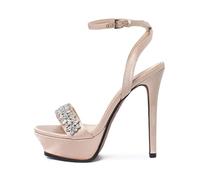 Summer Champagne Silk Platform Crystal Banquet Shoes Round Toe Super High Heel Sexy Word-Cingulate Sandals(Champagne 13cm,34)