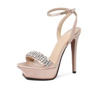 Summer Champagne Silk Platform Crystal Banquet Shoes Round Toe Super High Heel Sexy Word-Cingulate Sandals(Champagne 11cm,38)