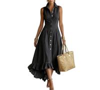 Summer Denim Dress for Women Sleeveless Collared High Low Ruffle Midi Dress | Defined Waist Flared Silhouette Soft Washed Look Side Pockets Easy Layering Everyday Styling Spring Summer Wear Daily Outfits