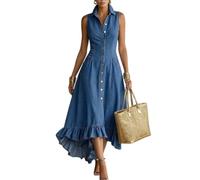 Summer Denim Dress for Women Sleeveless Collared High Low Ruffle Midi Dress | Defined Waist Flared Silhouette Soft Washed Look Side Pockets Easy Layering Everyday Styling Spring Summer Wear Daily Outfits