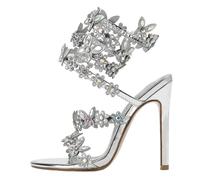 Summer Designer Butterfly-Knot Crystal Sandals Sexy Peep Toe Thin Heel Wedding Party Back Strap Shoes(Silver,38)