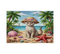 Summer Devon Rex Cat Beach - Rompecabezas de 300 piezas para adultos, rompecabezas de madera con estampado tropical para entretenimiento creativo
