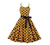 Summer Dresses for Women 1950s Vintage Polka Dots Dress Spaghetti Strap Midi Dresses Retro Womens Swing Princess Tea Party A-Line Dress Audrey Hepburn Evening Party Dance Gown with Belt