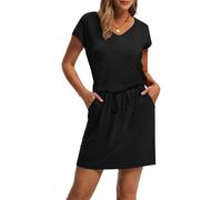 Summer Dresses for Women 2025 V Neck Casual Dresses Drawstring Cinched Waist with Pockets for Beach & Vacation (Black,XL)