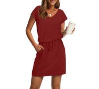 Summer Dresses for Women 2025 V Neck Casual Dresses Drawstring Cinched Waist with Pockets for Beach & Vacation (Red,XL)