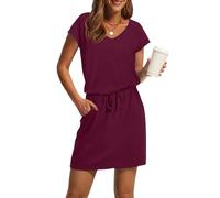 Summer Dresses for Women 2025 V Neck Casual Dresses Drawstring Cinched Waist with Pockets for Beach & Vacation (Wine Red,XXL)