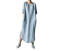 Summer Dresses for Women Fashion Solid Color Cotton and Long Sleeve O-Neck Fold Casual Dress for Holiday Party Beach A-13