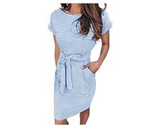Summer Dresses for Women UK T-Shirt Striped Dress with Pockets Short Waist Casual Tie Sleeve Dress Daliy Swing Beach Sundress Clothes