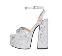 Summer Fabric Round Toe Waterproof Platform Super High Heel Crystal Dinner Word-Cingulate Sandals Large Size(Silver,37)