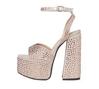 Summer Fabric Round Toe Waterproof Platform Super High Heel Crystal Dinner Word-Cingulate Sandals Large Size(Champagne,38)