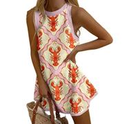 Summer Fish Print Crewneck Linen A Line Mini Tank Dress Women Beach Vocation Lobster Fish Tank Mini Dress 2025 New (B,S)