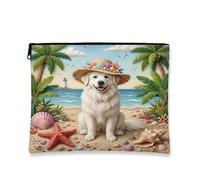 Summer Great Pyrenees - Bolsa de maquillaje de playa de perro de 7 x 9 pulgadas para bolso de viaje, bolsa de cosméticos para mujer, bolsa de cosméticos de lona portátil tropical con cremallera, bolsa