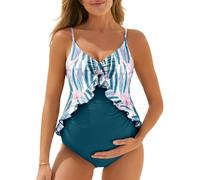 Summer Mae Traje de baño de maternidad de una pieza con volantes recortados para embarazo, traje de baño con cordones, Cactus, M