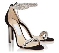 Summer One-Piece Sandals, Women's Open Toed Leather Rhinestone Black Versatile Fashion High Heels, Slim(Black 10cm,38)