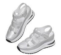 Summer Orthopedic Sneakers for Women 2026,Side Zipper Closed Toe Hollow out Breathable Ankle Strap Leather Platform Roman Sport Sandals Casual Comfortable Beach Shoes (Silver,40)